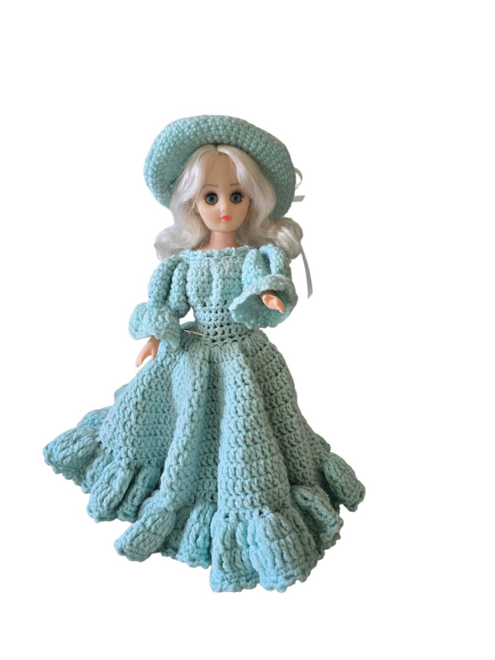 Hand Crocheted Doll Outfit with Doll Open Close Eyes With Stand